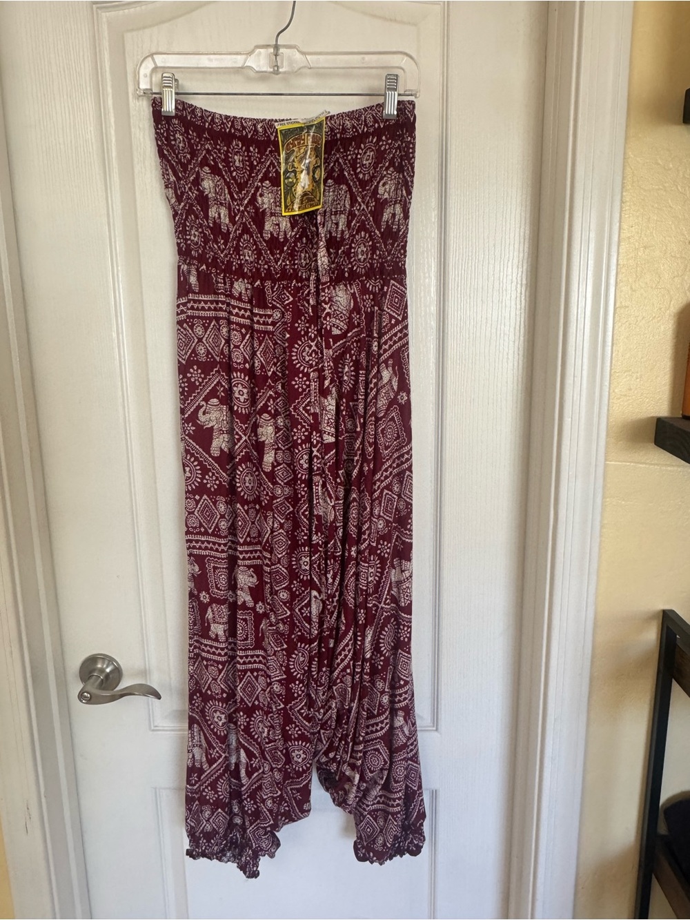 Smocked Strapless Wide-Leg Jumpsuit in Burgundy Elephant Print